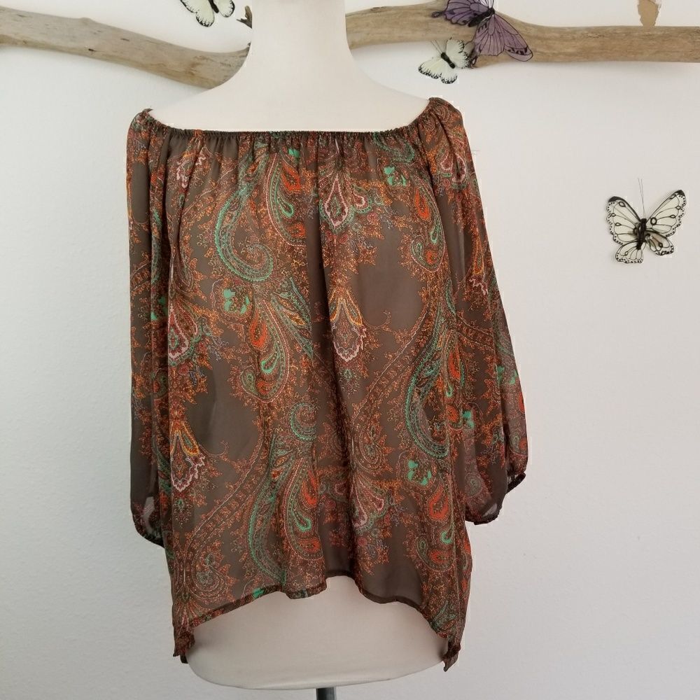 Bobeau elastic off the shoulder boho paisley top